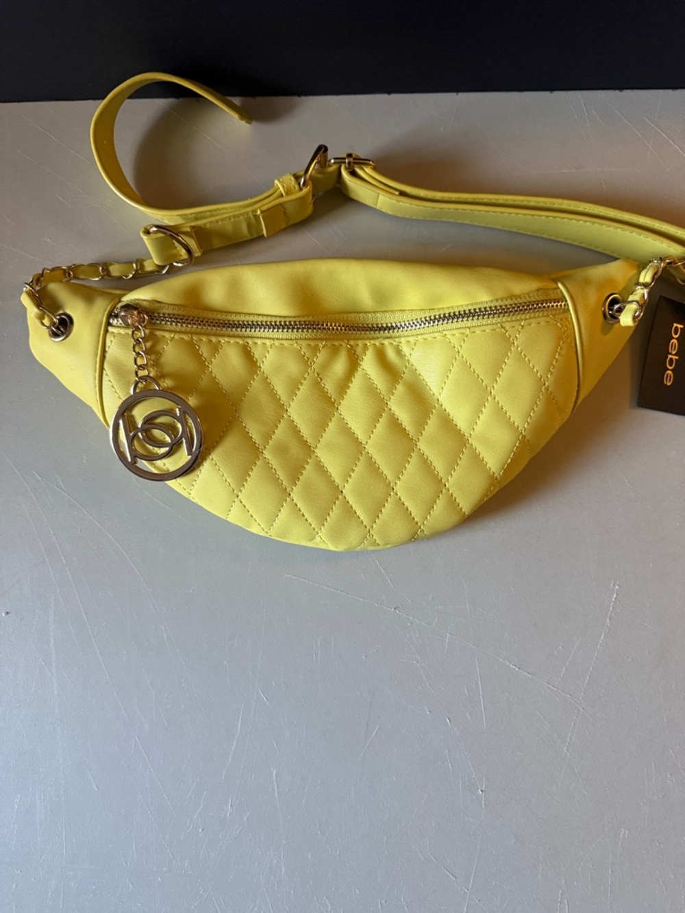 bebe Yellow Quilted Crossbody Belt Bag with Gold Charm